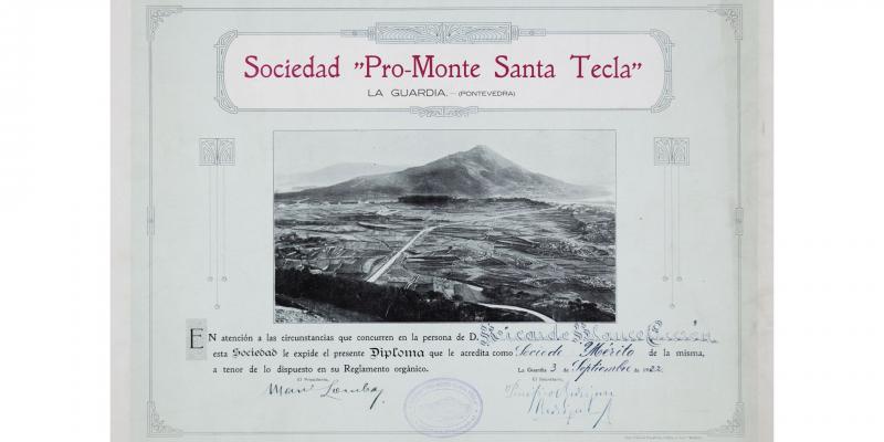 Documento dun diploma de 1922 outorgado á Sociedad Pro-Monte Santa Tegra,  dixitalizado grazas ás axudas do FEDER.